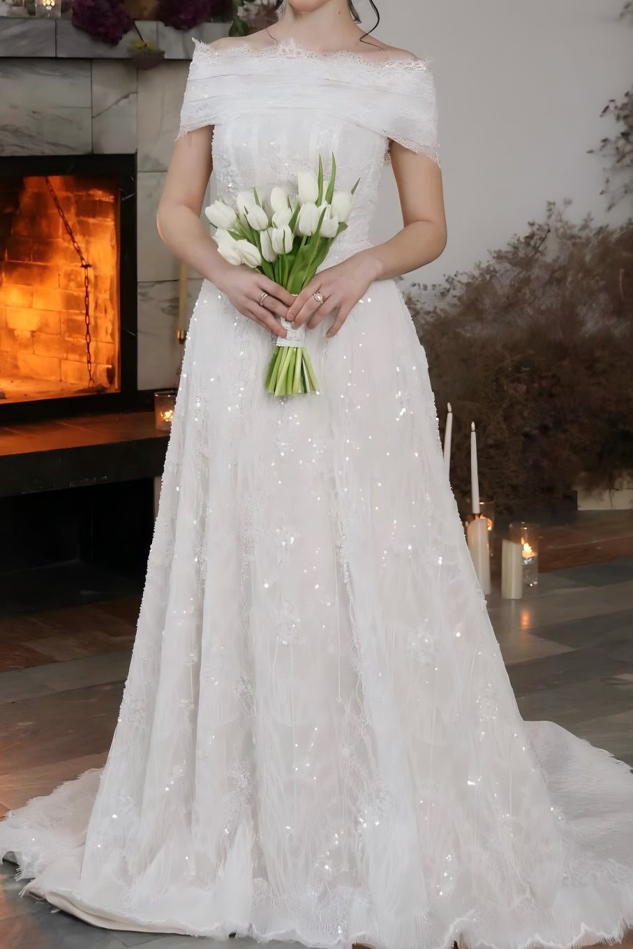 Off-the-Shoulder Sequined Lace A-Line Wedding Dress