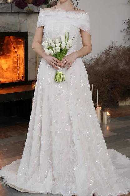 Off-the-Shoulder Sequined Lace A-Line Wedding Dress