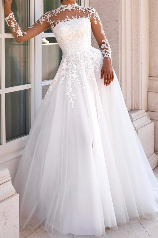 Illusion High Neck Lace Applique A-Line Wedding Gown