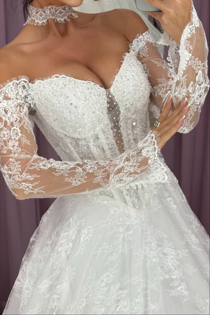 Off-Shoulder Lace Ball Gown with Sheer Long Sleeves