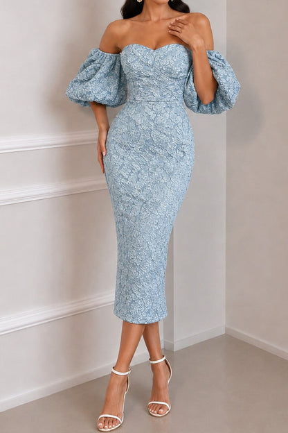 Off-the-Shoulder Puff Sleeve Jacquard Midi Dress