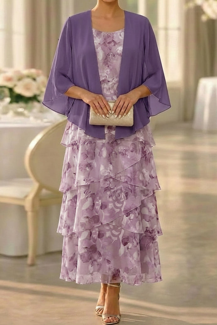 Floral Tiered Ankle-Length Dress with Chiffon Jacket