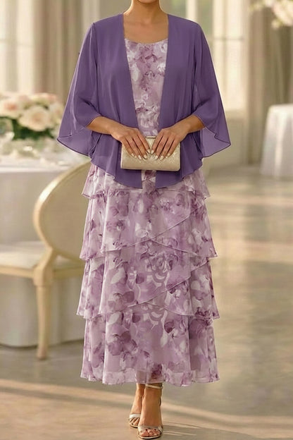 Floral Tiered Ankle-Length Dress with Chiffon Jacket