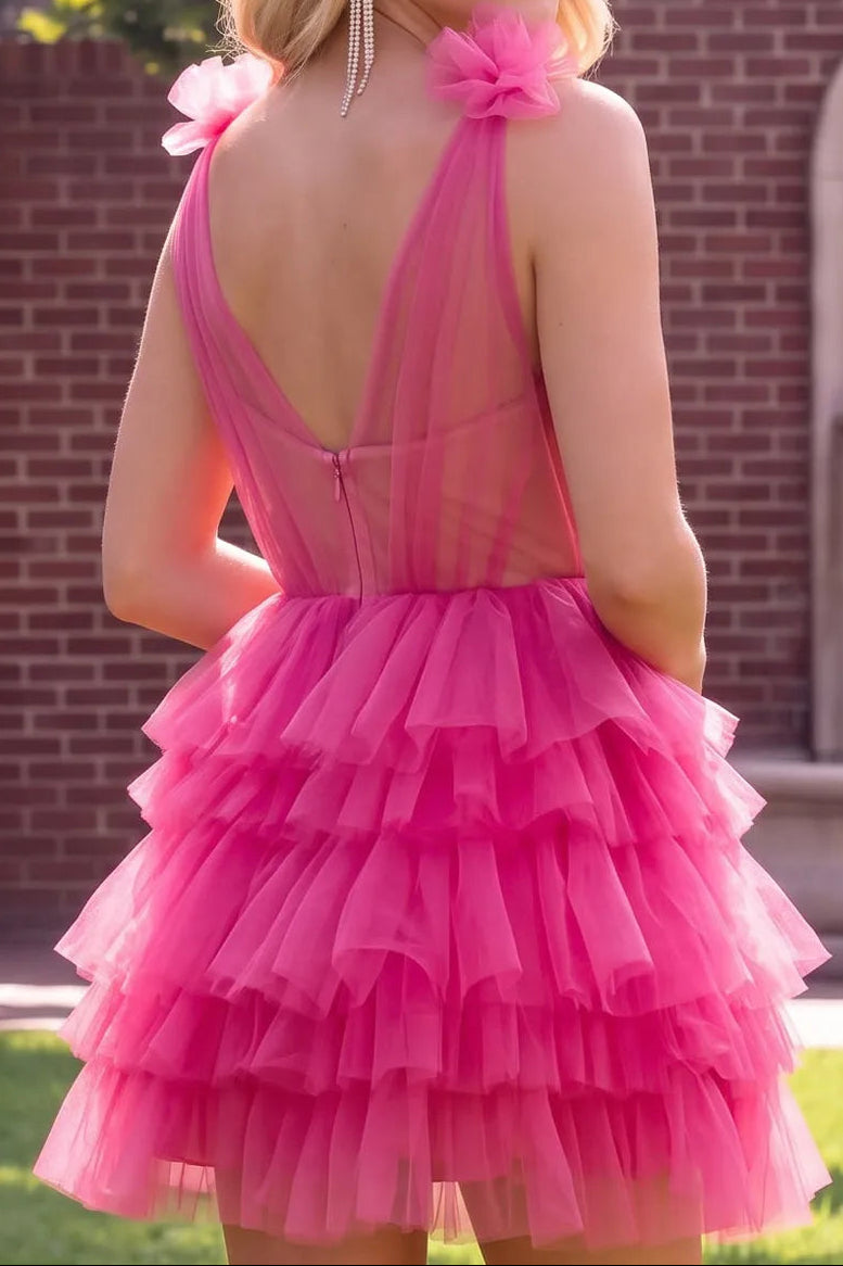 Plunging Tiered Tulle Ruffle Mini Dress