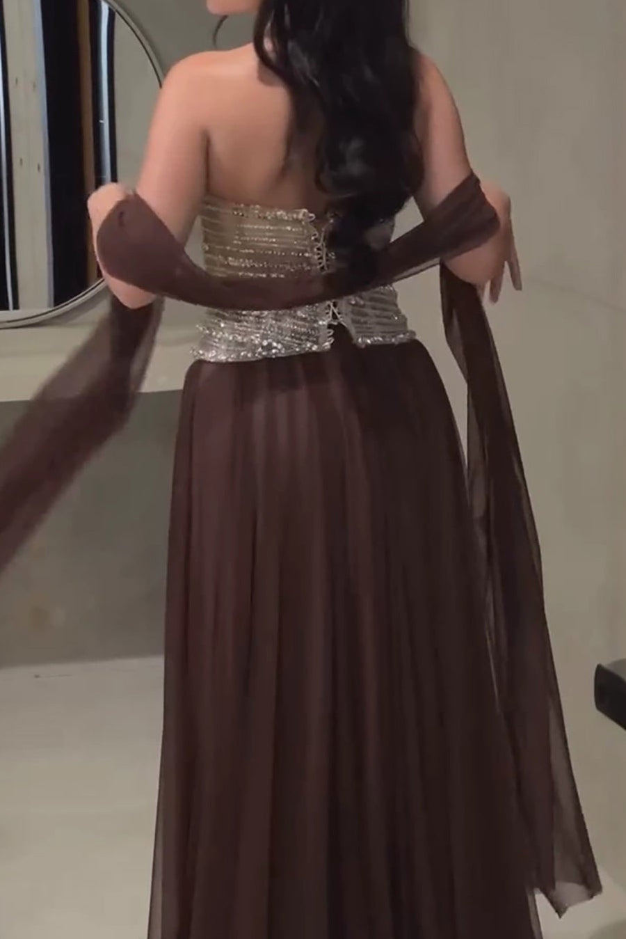 Strapless Beaded Corset Gown with Sheer Shawl