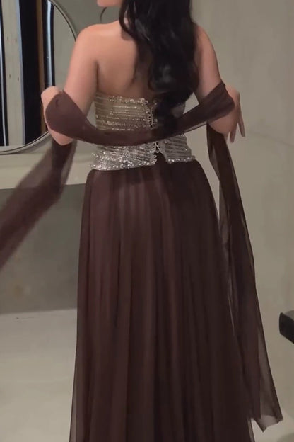 Strapless Beaded Corset Gown with Sheer Shawl