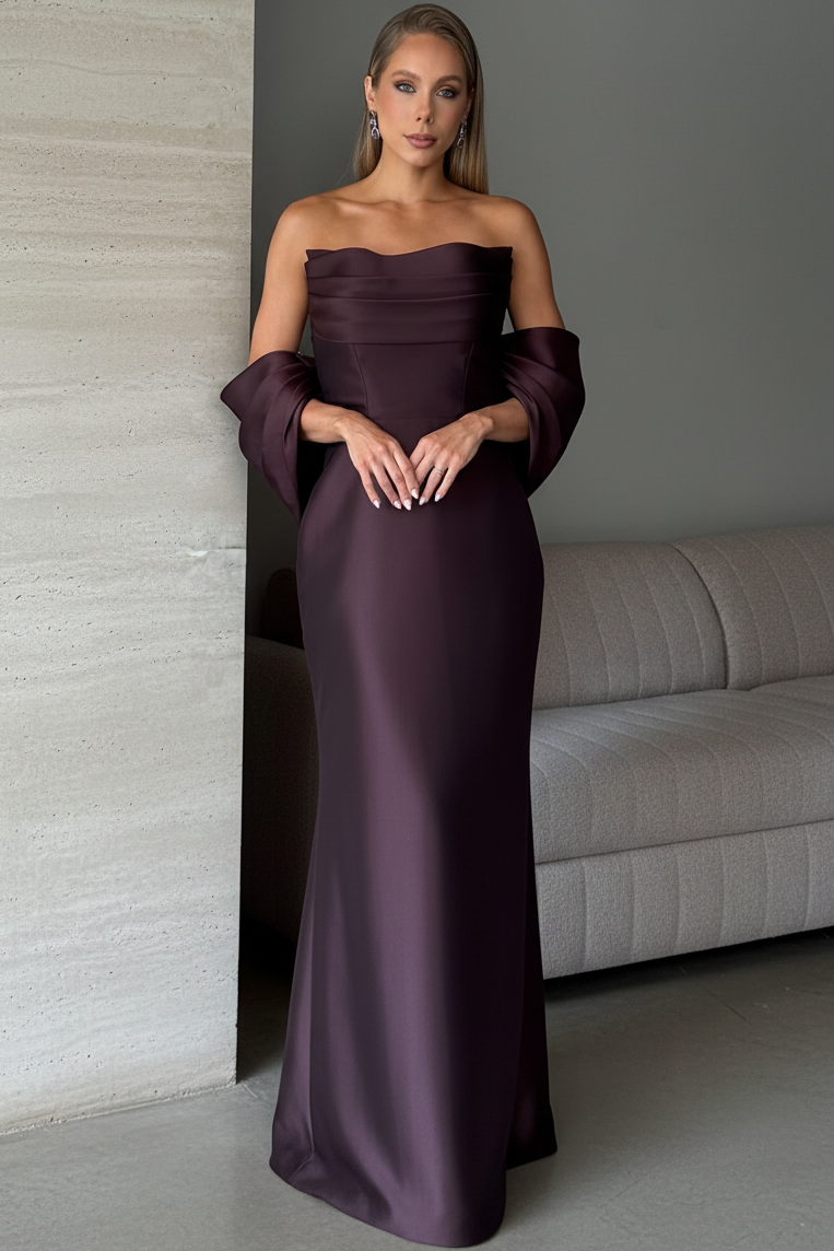 Strapless Pleated Satin Column Gown with Statement Bow