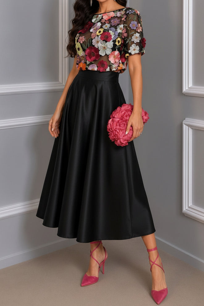Lace Crop Top & Satin A-Line Skirt Two-Piece Set