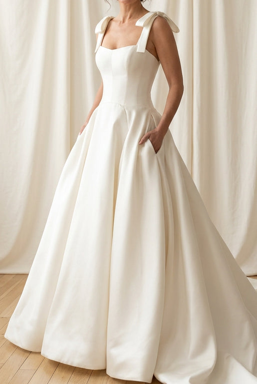 Satin Ball Gown Wedding Dress with Bow Straps