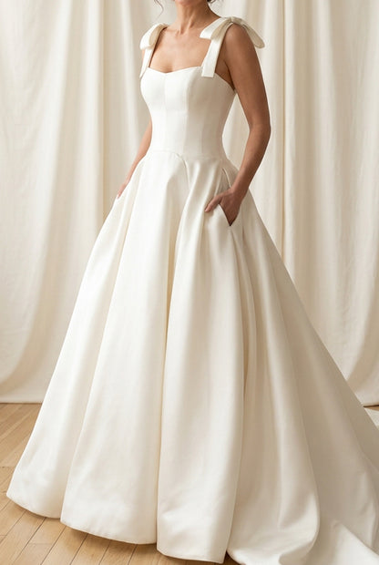 Satin Ball Gown Wedding Dress with Bow Straps