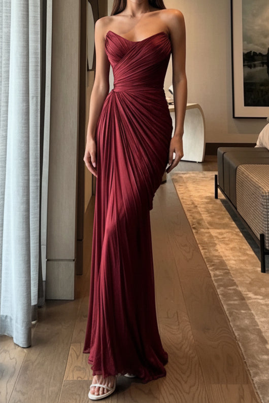 Strapless Ruched Draped Floor-Length Evening Gown