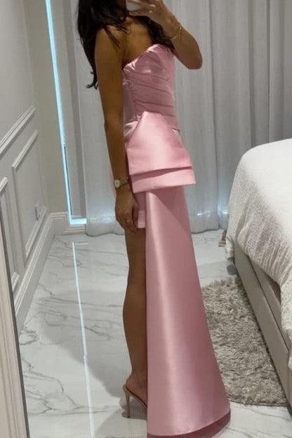 Strapless Satin Mini Dress with Side Train