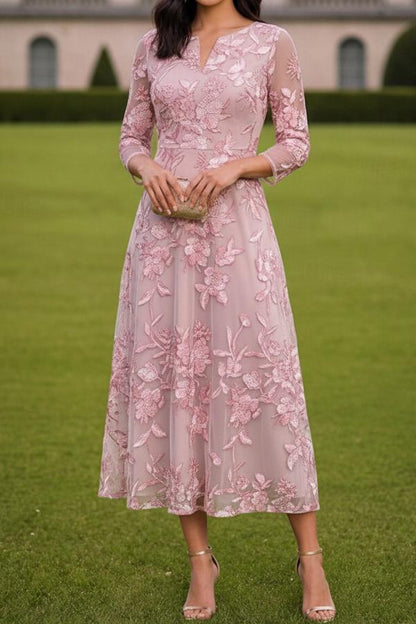 Floral Embroidered Midi Dress with 3/4 Sleeves
