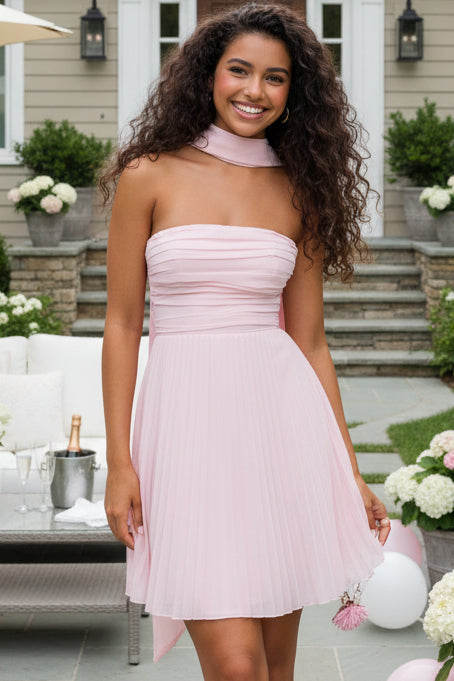 Pleated Chiffon Strapless Mini Dress with Scarf