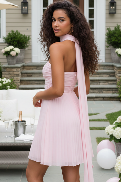 Pleated Chiffon Strapless Mini Dress with Scarf
