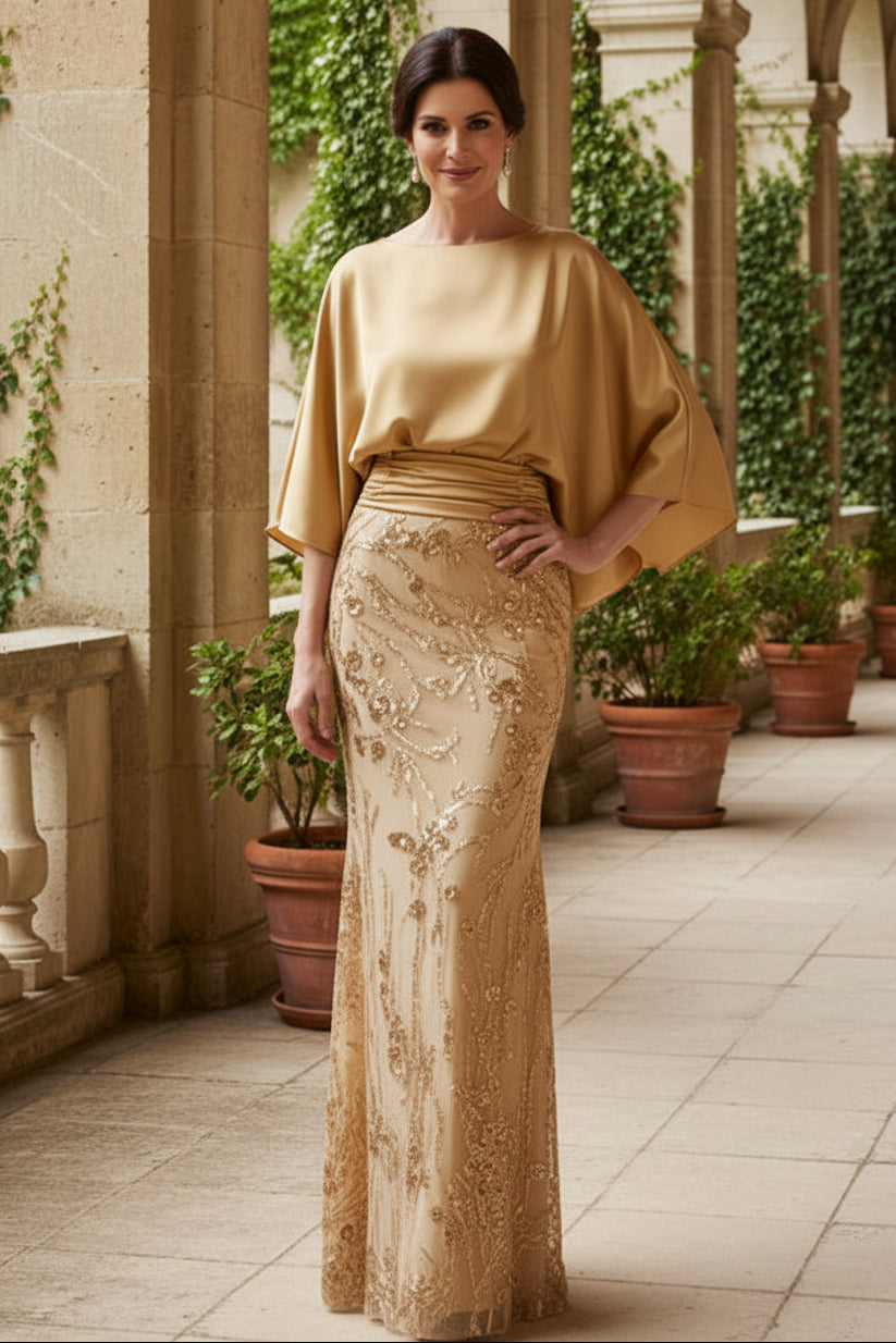Batwing Sleeve Sequin Column Evening Gown