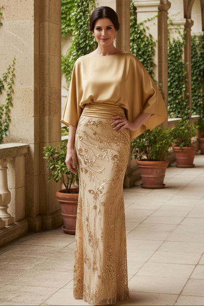 Batwing Sleeve Sequin Column Evening Gown