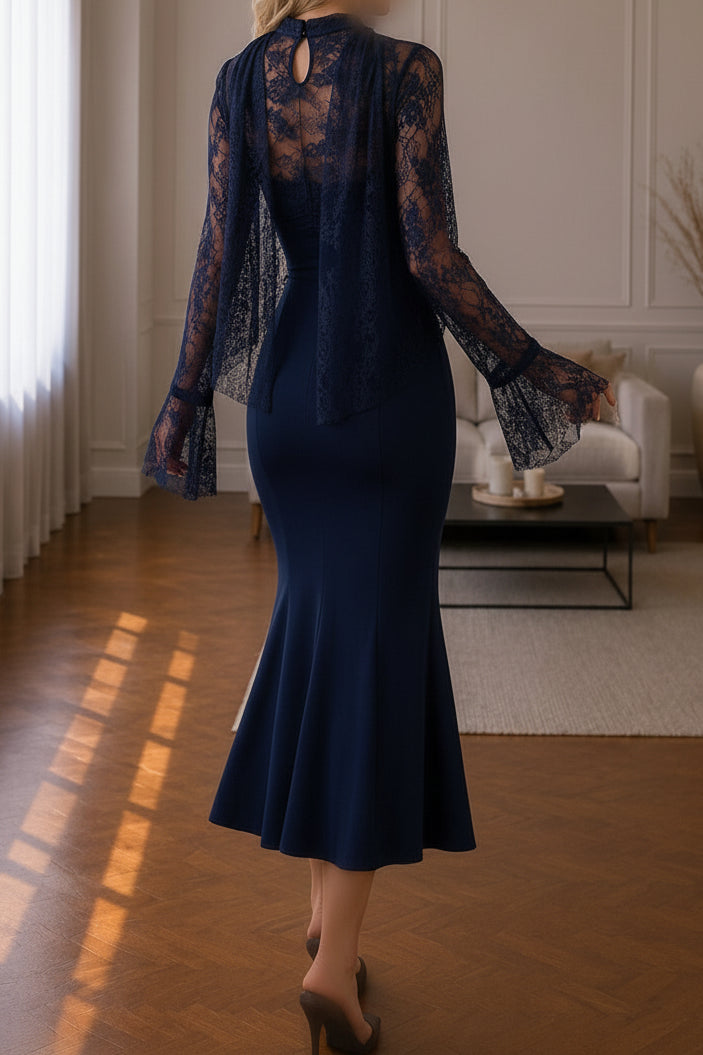 Lace Bell Sleeve Mermaid Midi Dress with Corset Waist