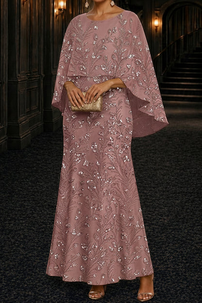 Sequin Botanical Capelet Overlay Evening Gown