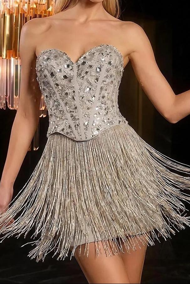 Corset Mini Dress with Crystal Bodice and Fringe