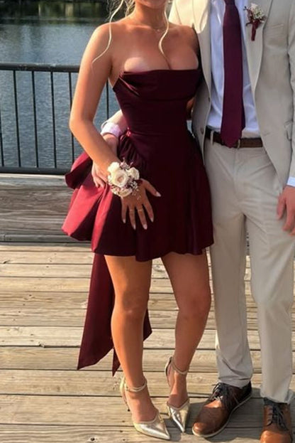 Strapless High-Low Satin Party Dress with Bow