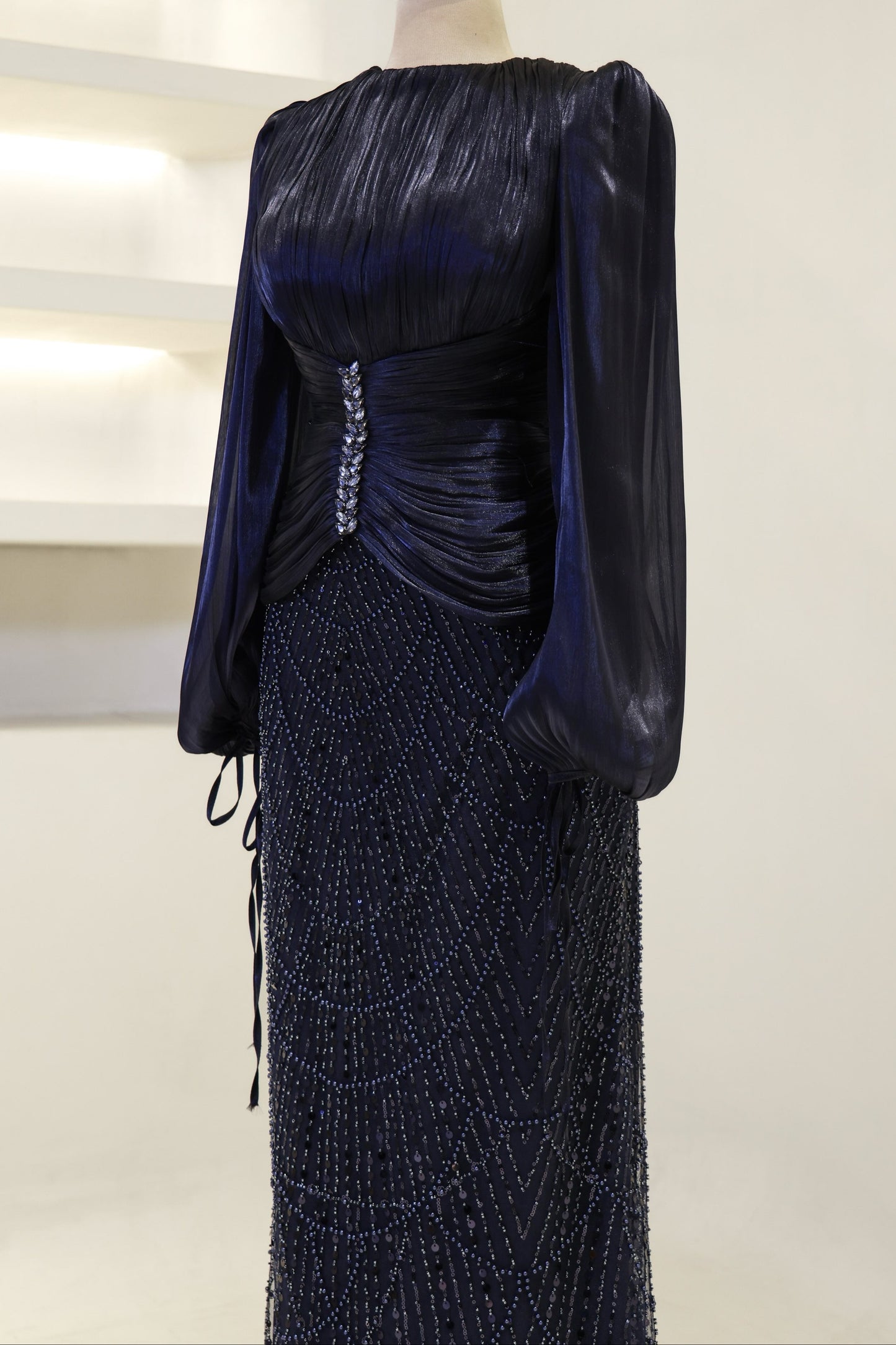 Long Sleeve Sequin Beaded Gown with Pleated Satin Bodice