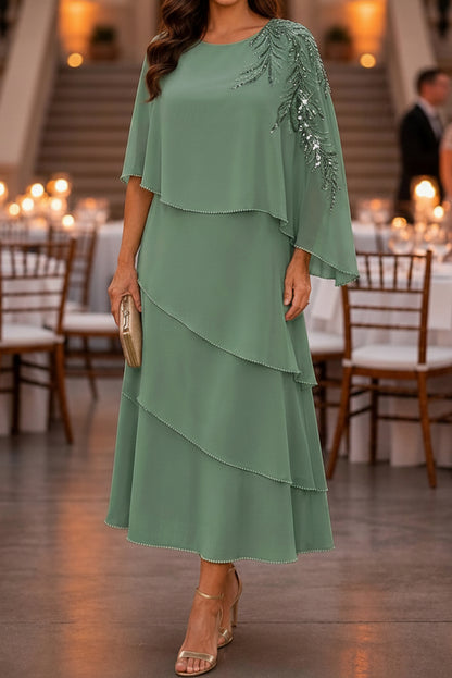 Tiered Midi Dress with Embellished Capelet