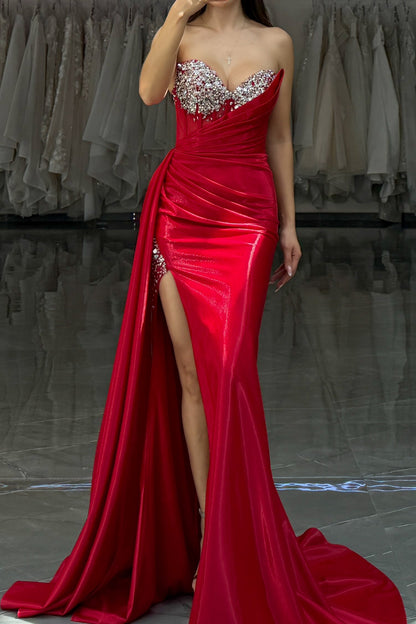 Strapless Crystal Corset Gown with Thigh Slit