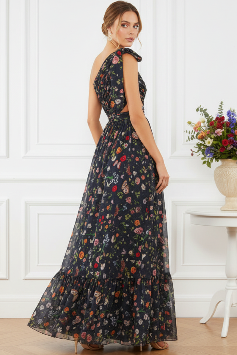 One-Shoulder Floral Cut-Out Maxi Dress