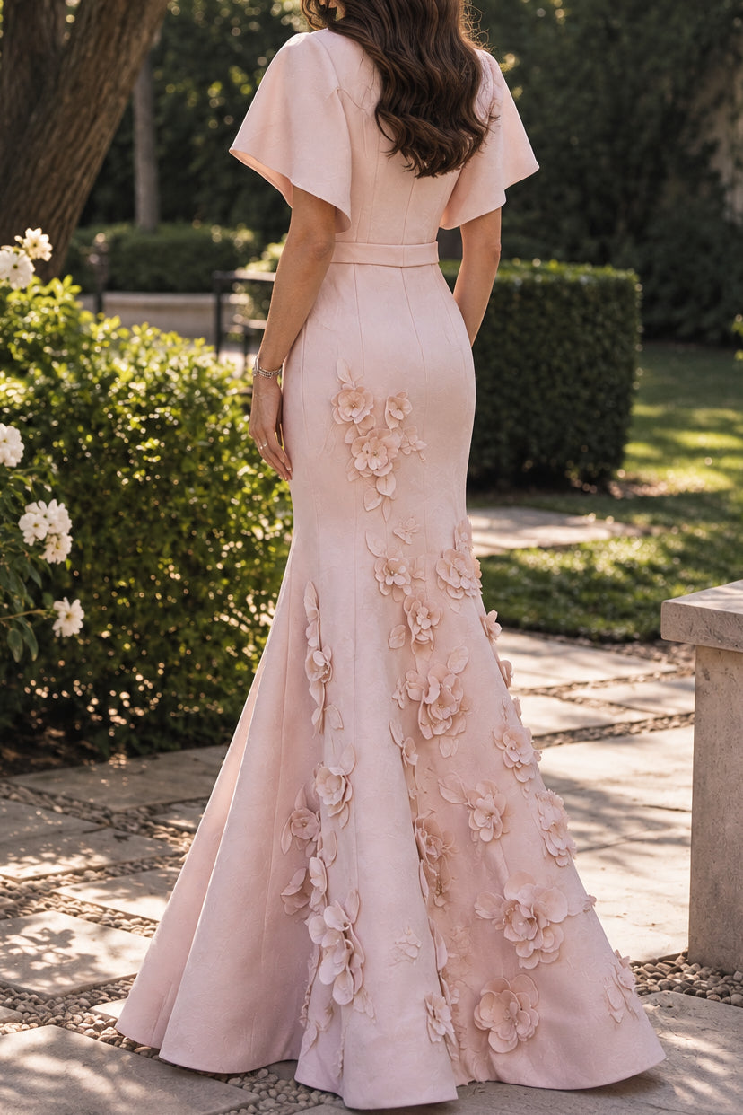 3D Floral Applique Mermaid Gown with Flutter Sleeves
