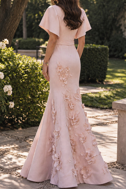 3D Floral Applique Mermaid Gown with Flutter Sleeves