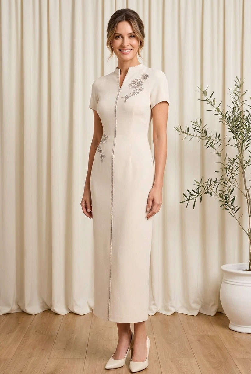 Embroidered Sheath Dress with Split Mandarin Collar