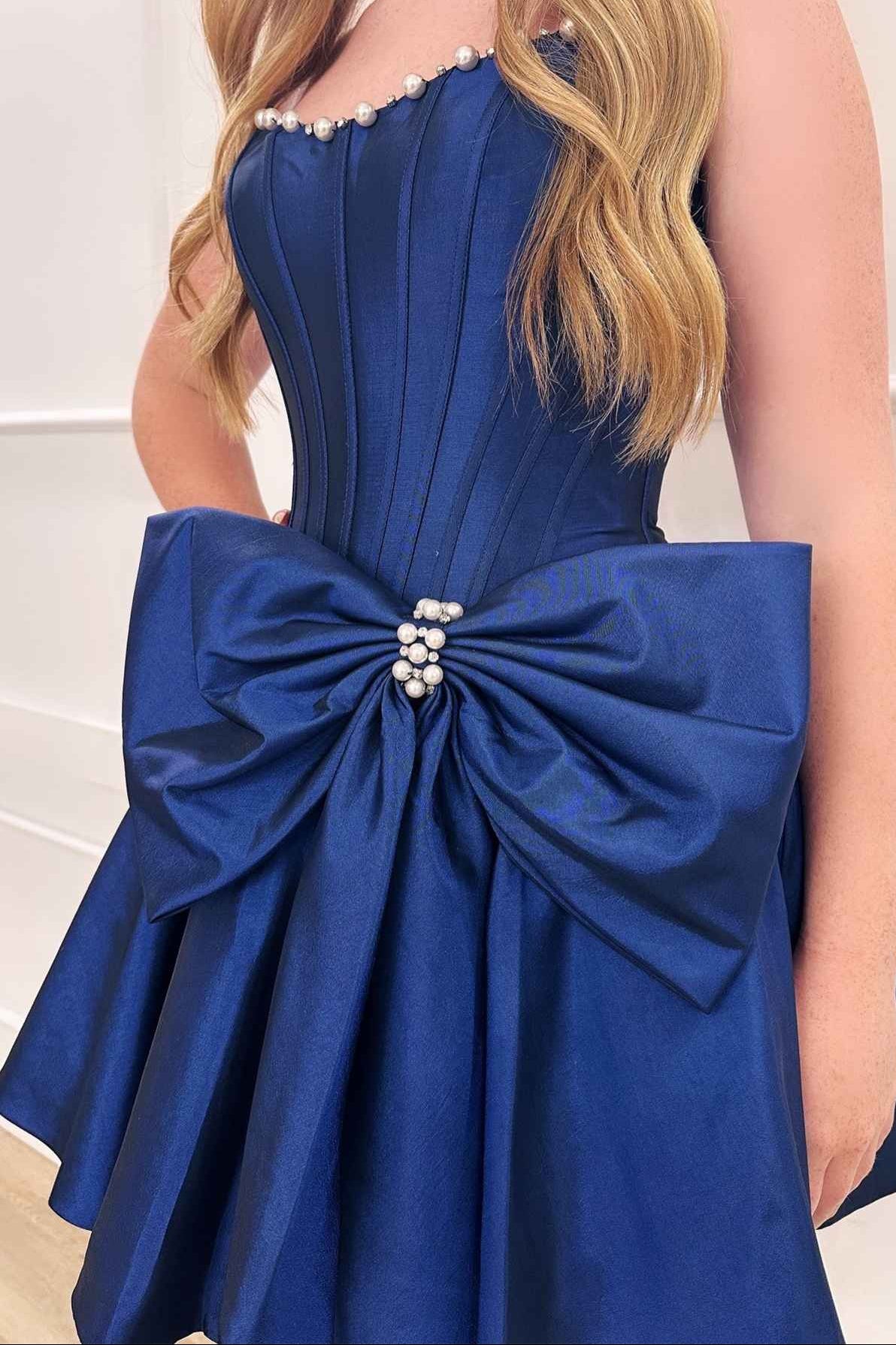 Pearl Trim Corset Mini Dress with Statement Bow