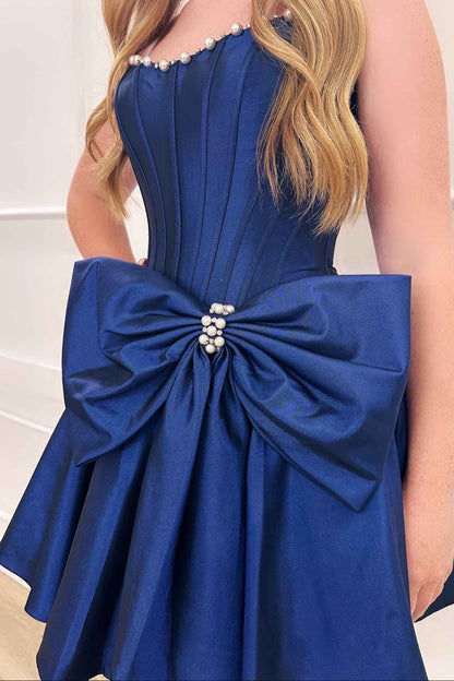 Pearl Trim Corset Mini Dress with Statement Bow