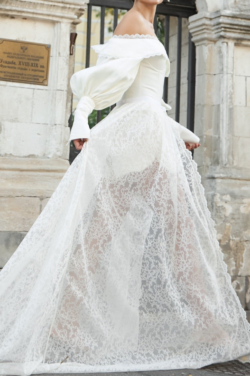 Off-the-Shoulder Lace Wedding Gown with Slit
