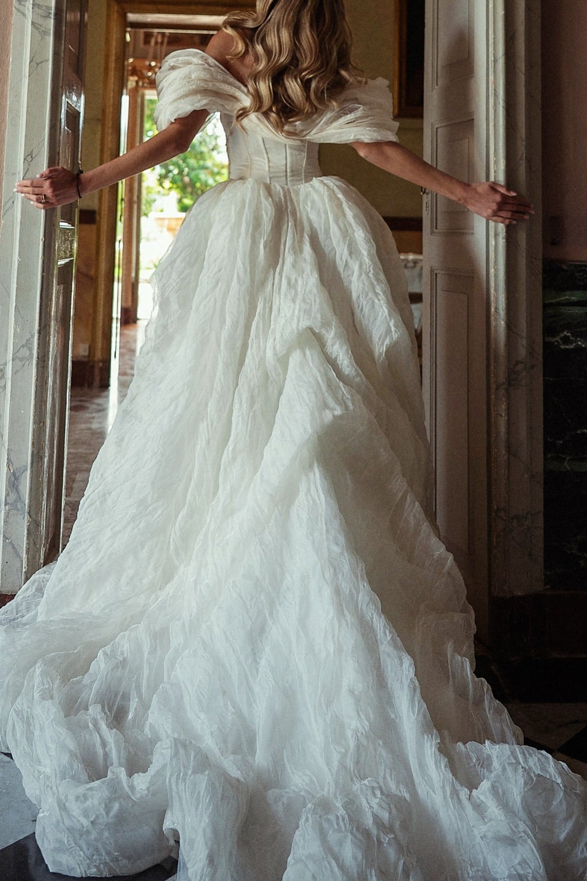 Off-the-Shoulder Corset Ball Gown Wedding Dress
