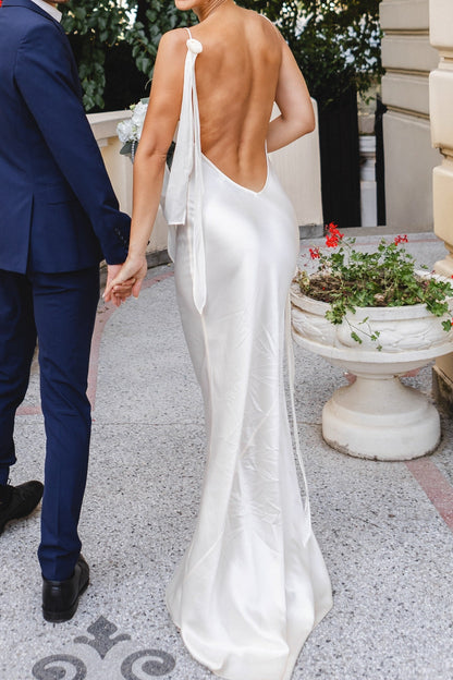 Cowl Neck Satin Slip Wedding Dress with Open Back