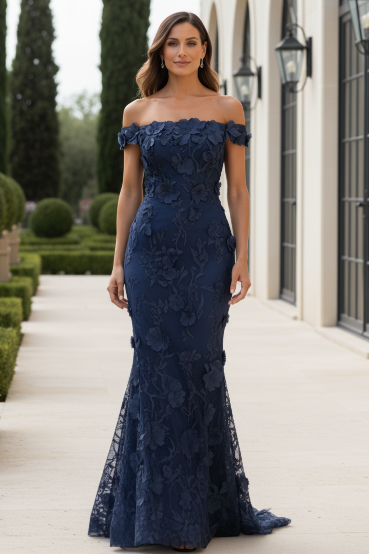3D Floral Applique Off-the-Shoulder Mermaid Gown