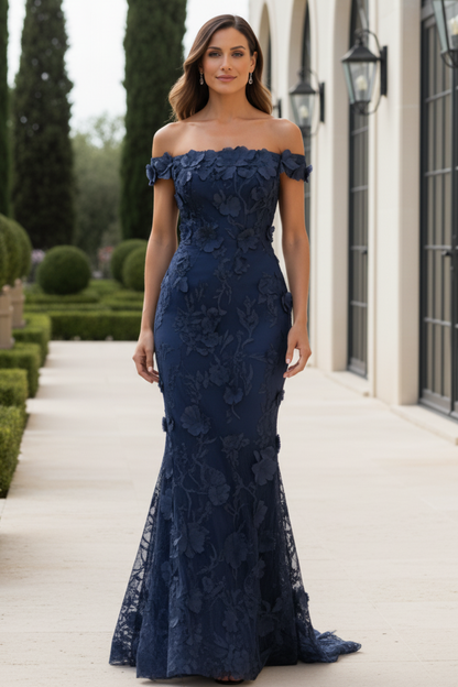 3D Floral Applique Off-the-Shoulder Mermaid Gown