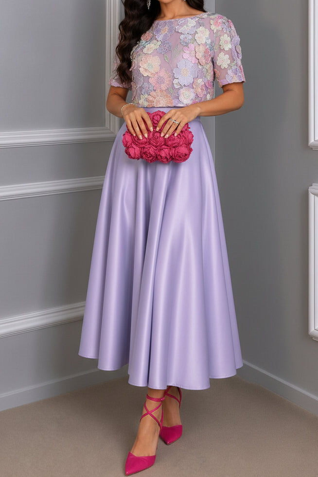 Lace Crop Top & Satin A-Line Skirt Two-Piece Set