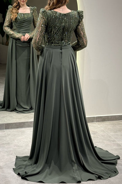 Sequined Long Sleeve Gown with Overskirt