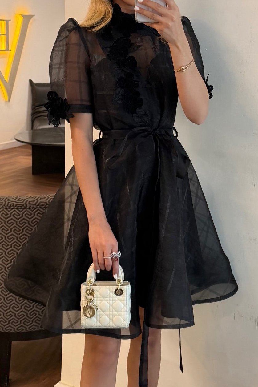 Floral Applique High Neck Organza Mini Dress