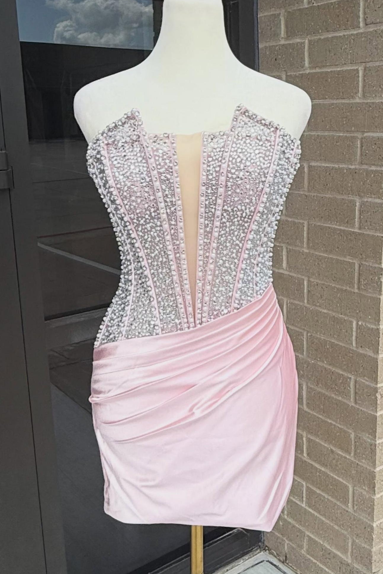 Strapless Rhinestone Corset Mini Dress with Draped Skirt