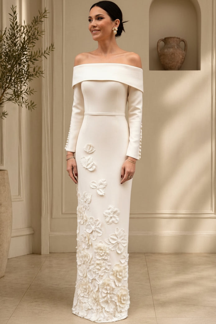 Off-Shoulder Floral Applique Column Gown