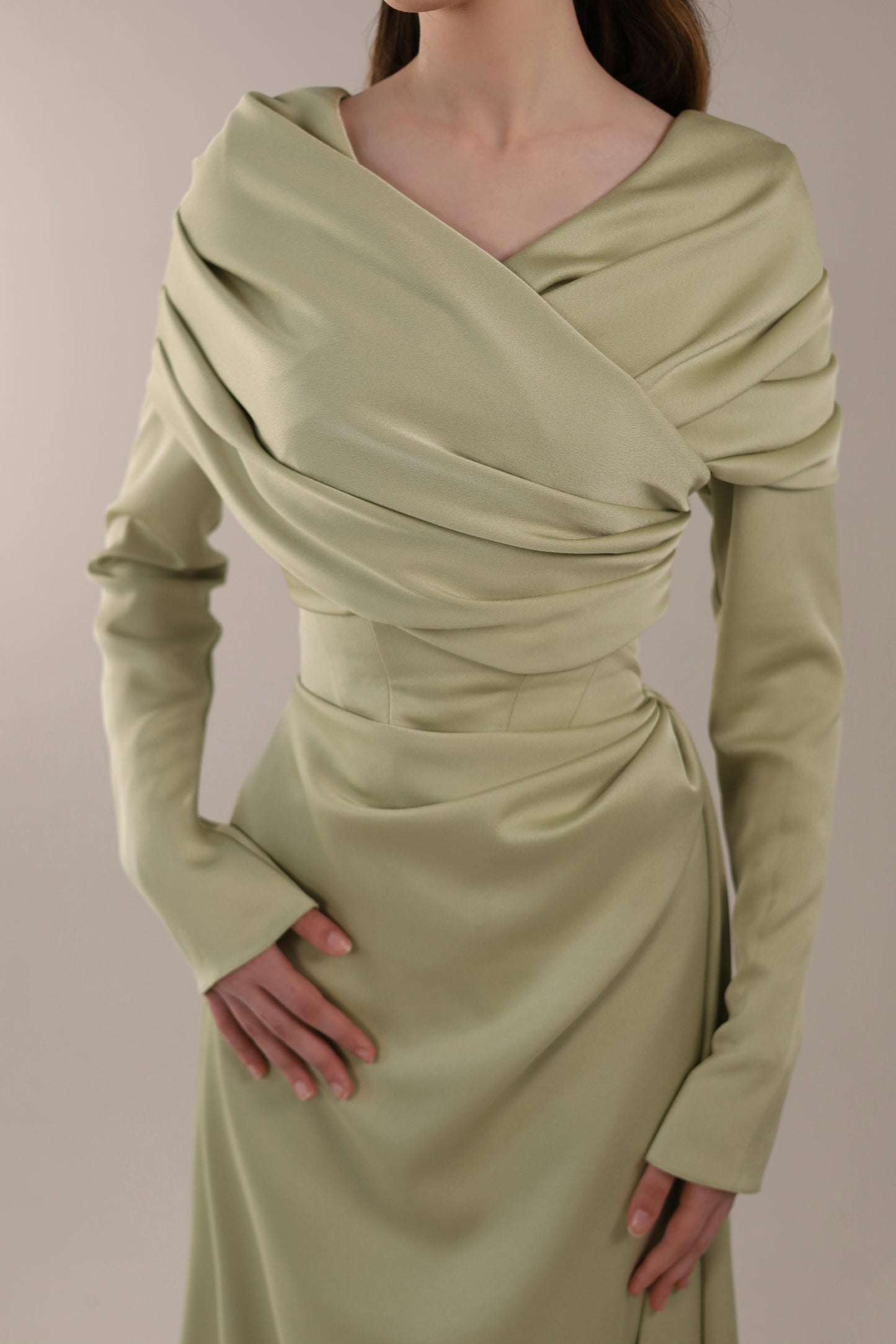 Off-the-Shoulder Satin Gown with Lace-Up Back