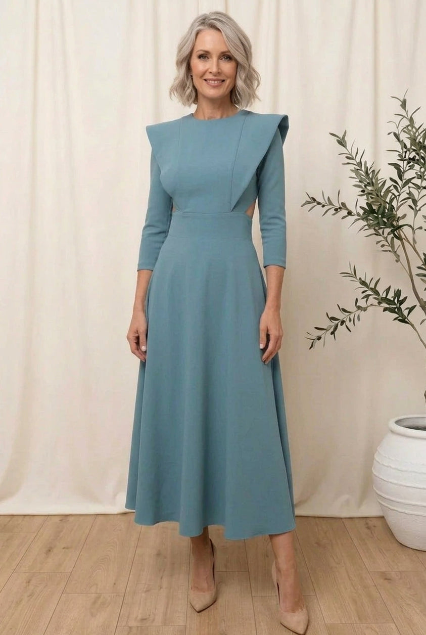 Open-Back Dress with Shoulder Flaps and Buttons
