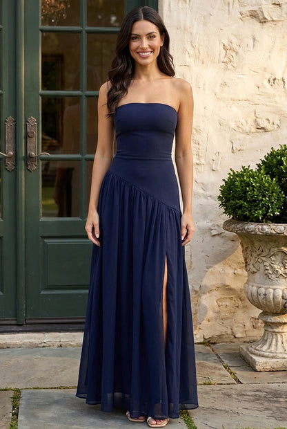 Strapless Asymmetric Drop-Waist Maxi Dress