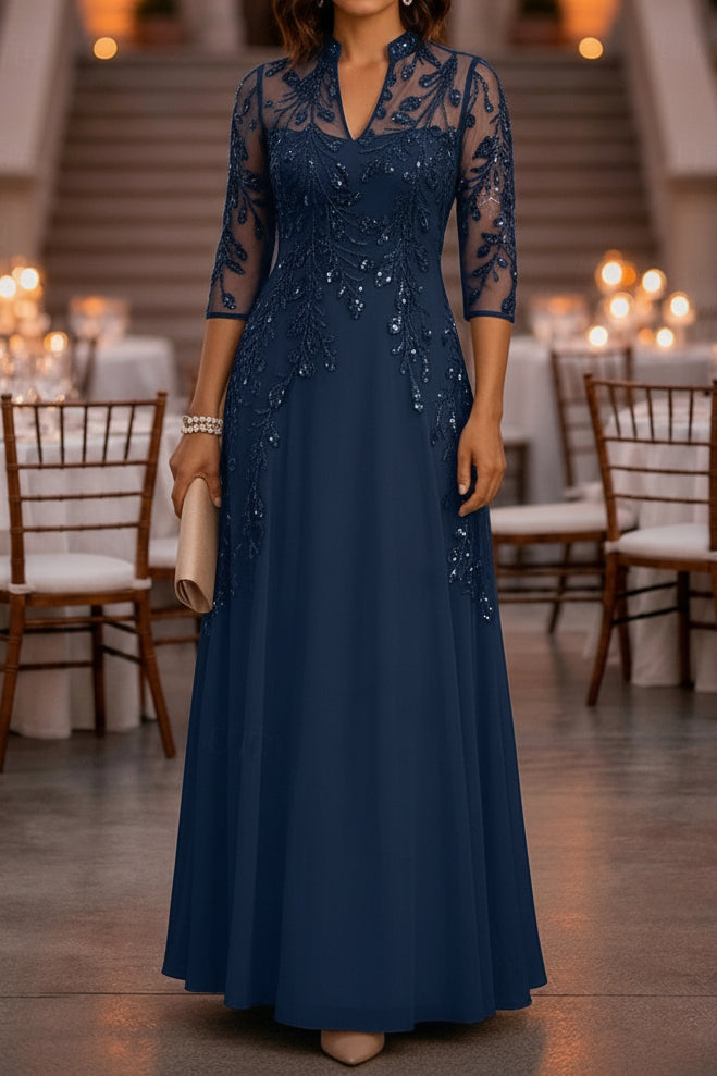 Sequin Illusion Sleeve A-Line Formal Evening Dress