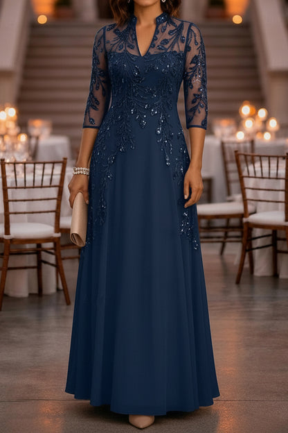 Sequin Illusion Sleeve A-Line Formal Evening Dress