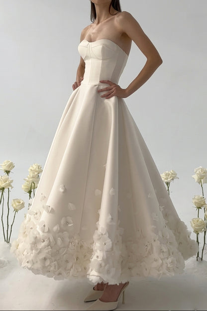 Off-Shoulder 3D Floral Ankle-Length Wedding Dress